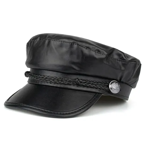 Boina Vintage de Cuero PU Negro para Mujer Gorra Militar Marinero Parte Superior Plana Cuerda Trenzada Botón de Metal Otoño Invierno