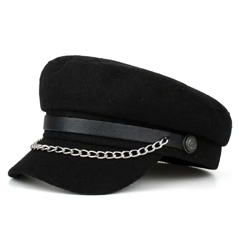 Vintage Damen Schirmmütze Schwarz Baumwolle Polyester Baker Boy Hat Mit Silberner Metallkette Gürtel Herbst Winter Mode Accessoire