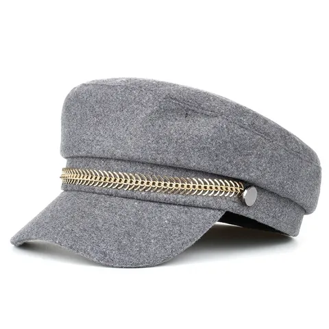 Women Flat Top Newsboy Cap Solid Color Polyester Cotton Hat with Gold Chain Trim Retro Autumn Winter Fashion Accessory
