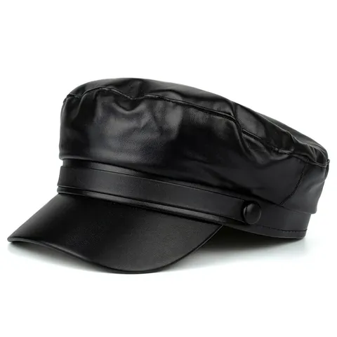 Women Black PU Leather Beret Newsboy Cap Autumn Winter Solid Color Plain Flat Top Cabbie Hat Vintage Sailor Cap Accessory
