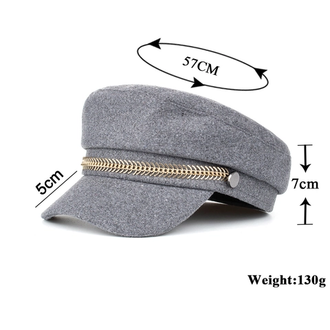 Women Flat Top Newsboy Cap Solid Color Polyester Cotton Hat with Gold Chain Trim Retro Autumn Winter Fashion Accessory