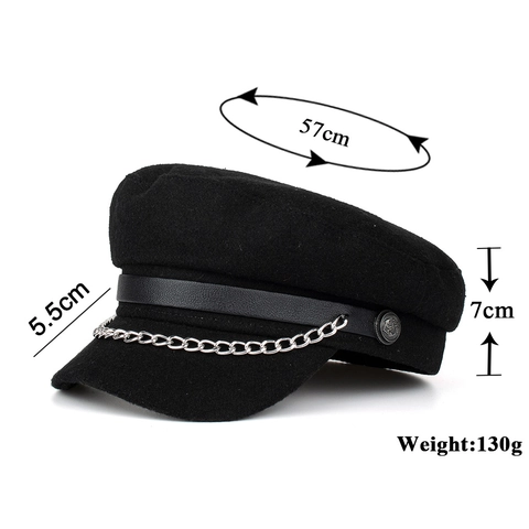 Vintage Damen Schirmmütze Schwarz Baumwolle Polyester Baker Boy Hat Mit Silberner Metallkette Gürtel Herbst Winter Mode Accessoire