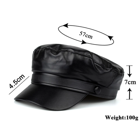Women Black PU Leather Beret Newsboy Cap Autumn Winter Solid Color Plain Flat Top Cabbie Hat Vintage Sailor Cap Accessory