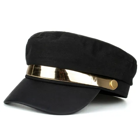 Berretto da Donna Nero Retrò Baker Boy Con Fascia in Metallo Dorato Corona Piatta Mariner Cap in Cotone Poliestere Berretto