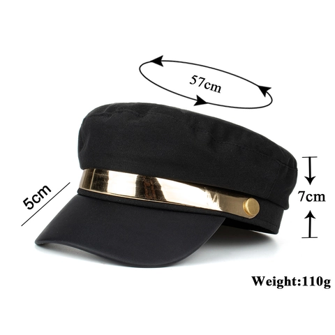 Berretto da Donna Nero Retrò Baker Boy Con Fascia in Metallo Dorato Corona Piatta Mariner Cap in Cotone Poliestere Berretto