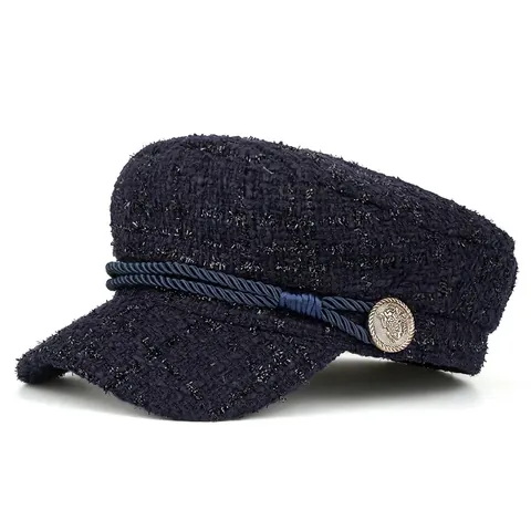 Damen Elegant Tweed Baskenmütze Schirmmütze Mit Geflochtenem Seil Goldener Knopf Retro Karo Baker Boy Mütze Herbst Winter