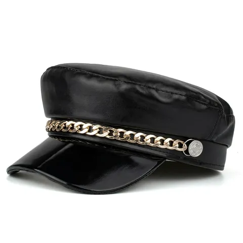 Basco da Donna Vintage in Pelle PU Nera Con Dettaglio Catena in Metallo Dorato Berretto Fashion Baker Boy Autunno Inverno