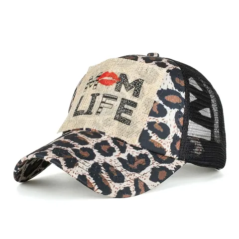 Berretto da Baseball Leopardato Donna per Coda di Cavallo Toppa Mom Life Mesh Trucker Hat Traspirante Regolabile Cappello