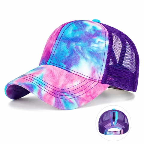 Women's Tie Dye Mesh Baseball Cap With Ponytail Hole Cotton Polyester Trucker Hat Adjustable Outdoor Sun Protection Cap