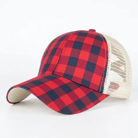 Cappellino da Baseball Donna a Quadretti in Rete con Apertura per Coda di Cavallo Cappello Trucker Elastico Parasole Casual