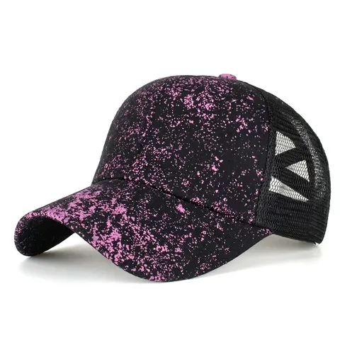 Damen Pferdeschwanz Baseballkappe High Messy Bun Überkreuzte Mesh Mütze Sternendruck Sonnenschutz Baumwollmischung Verstellbar