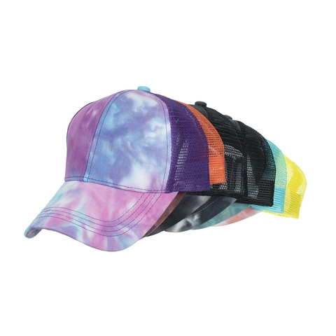 Women's Tie Dye Mesh Baseball Cap With Ponytail Hole Cotton Polyester Trucker Hat Adjustable Outdoor Sun Protection Cap