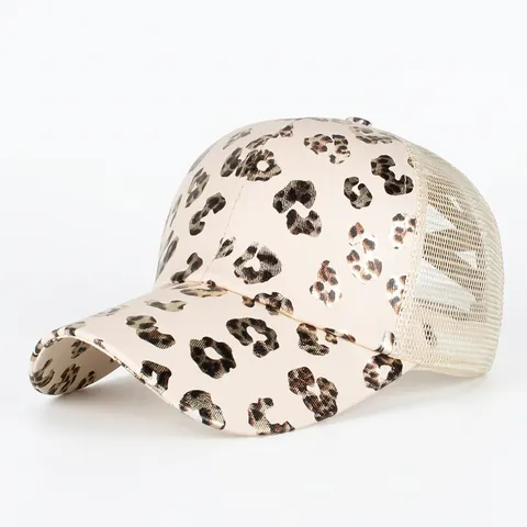 Damen Leopard Netz Baseballkappe Baumwollmischung Überkreuzte Pferdeschwanz Trucker Hat Sonnenschutz Atmungsaktive Mode Kappe