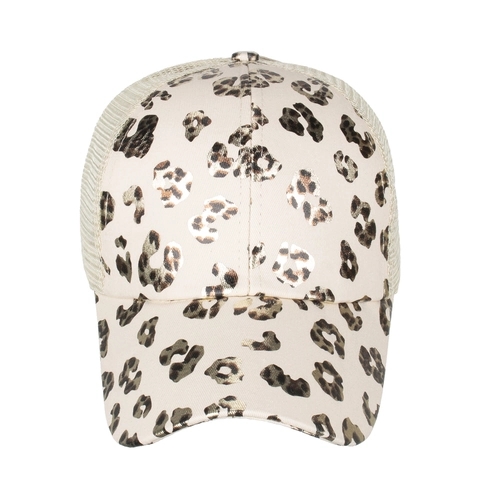 Damen Leopard Netz Baseballkappe Baumwollmischung Überkreuzte Pferdeschwanz Trucker Hat Sonnenschutz Atmungsaktive Mode Kappe