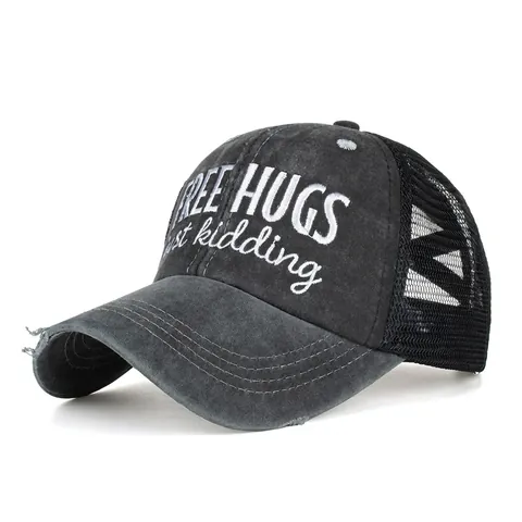 Women's Washed Cotton Mesh Ponytail Baseball Cap Distressed Letter Embroidered Sun Hat Breathable Criss Cross Trucker Hat
