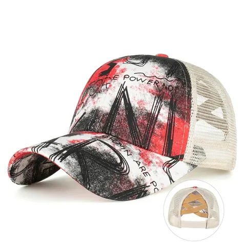 Dames Paardenstaart Honkbalpet Graffiti Print Mesh Trucker Pet Ademend Gekruist Elastiek Outdoor Zonneklep Pet