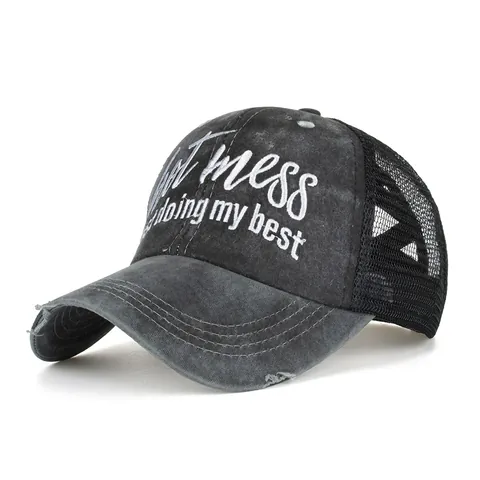 Berretto da Baseball in Rete con Coda di Cavallo Distressed Donna Hot Mess Ricamato Cotone Lavato Cappello Trucker