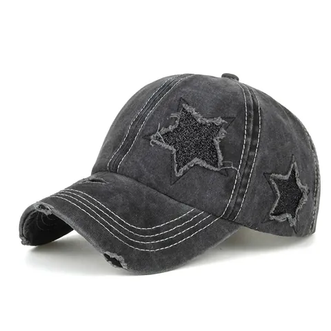 Berretto da Baseball con Coda di Cavallo in Cotone Lavato Vintage Donna Toppa a Stella con Paillettes Distressed Cappello da Sole