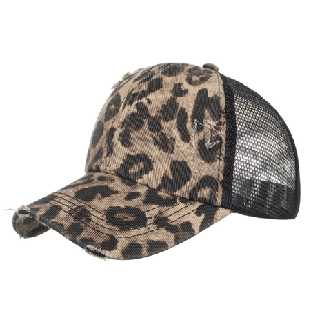 Berretto da Baseball Leopardato da Donna con Foro per Coda di Cavallo Mesh Distressed Regolabile Cappello Trucker