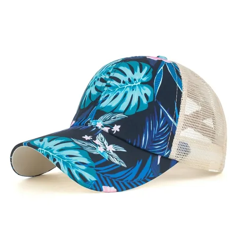 Women Tropical Floral Pony Tail Baseball Cap Criss Cross High Messy Bun Mesh Trucker Hat Breathable Outdoor Sun Hat