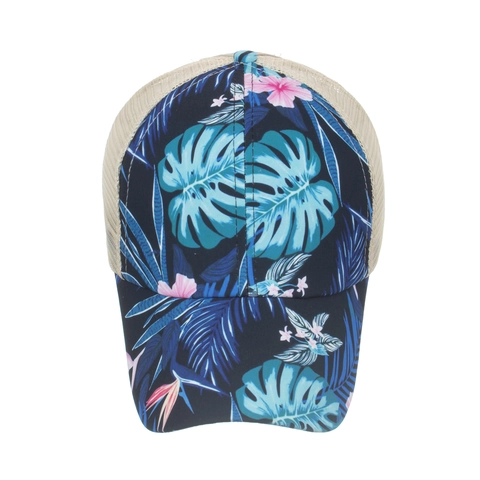 Women Tropical Floral Pony Tail Baseball Cap Criss Cross High Messy Bun Mesh Trucker Hat Breathable Outdoor Sun Hat