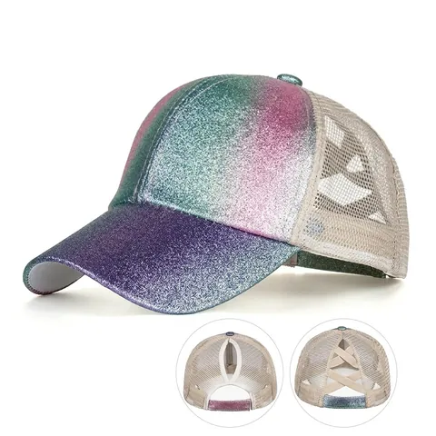 Berretto da Baseball da Donna Sfumato con Brillantini per Coda di Cavallo Messy Bun Incrocio Mesh Trucker Cappello Poliestere
