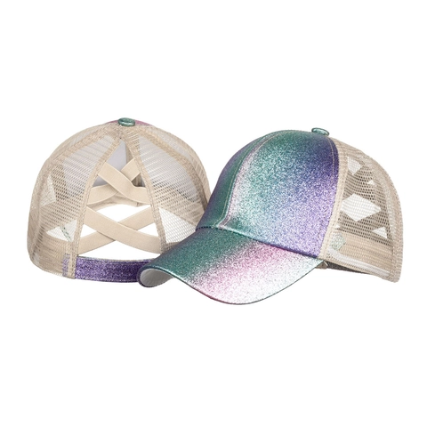 Berretto da Baseball da Donna Sfumato con Brillantini per Coda di Cavallo Messy Bun Incrocio Mesh Trucker Cappello Poliestere