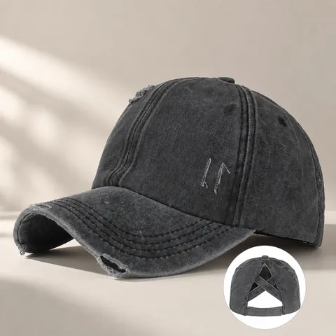 Washed Distressed Cotton Ponytail Baseball Cap Criss Cross Back Adjustable High Bun Hat Solid Color Outdoor Sun Cap