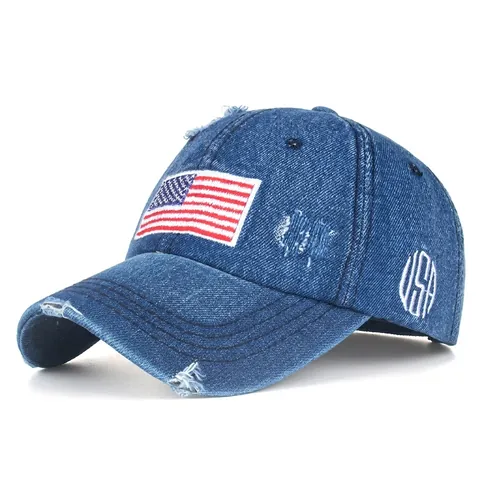Berretto da Baseball in Denim Usurato Con Ricamo Bandiera USA Cappello Trucker Regolabile Lavato Vintage per Uomo Donna Giorno dell'Indipendenza