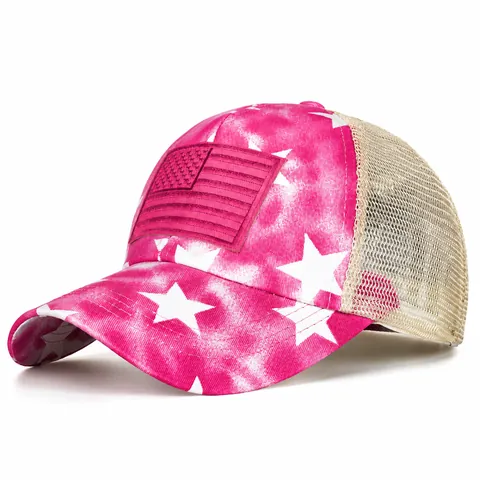 Καπέλο Trucker Distressed Tie Dye Αστέρι Patch Αμερικανική Σημαία Δίχτυ Καπέλο Μπέιζμπολ για Άνδρες Γυναίκες Ρυθμιζόμενο για Αλογοουρά