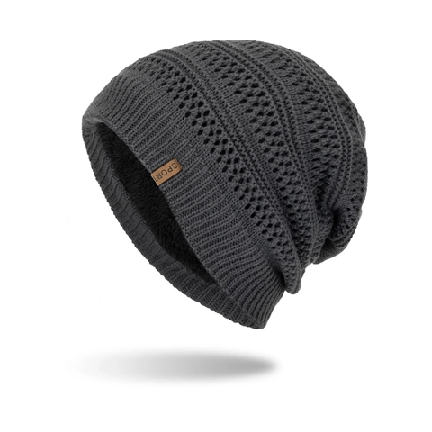 Gorro de Punto Cálido de Invierno para Hombre con Forro de Felpa Gorro Grueso Color Sólido Diseño Calado con Etiqueta de Cuero Sport