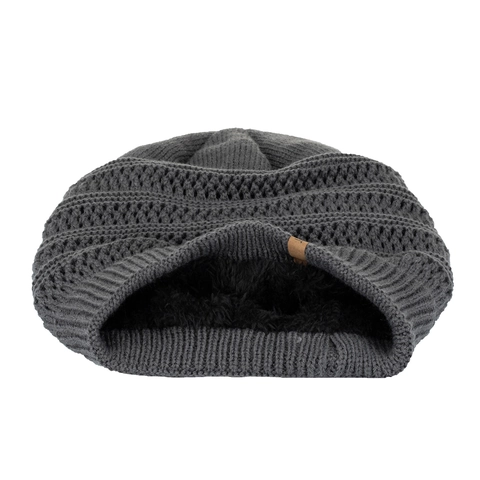 Gorro de Punto Cálido de Invierno para Hombre con Forro de Felpa Gorro Grueso Color Sólido Diseño Calado con Etiqueta de Cuero Sport