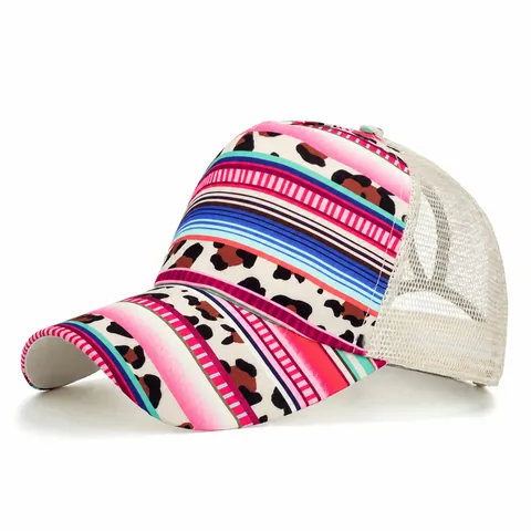 Women Ponytail Baseball Cap Mesh Trucker Hat Leopard Floral Printed Sun Protection Adjustable Outdoor Summer Sport Hat