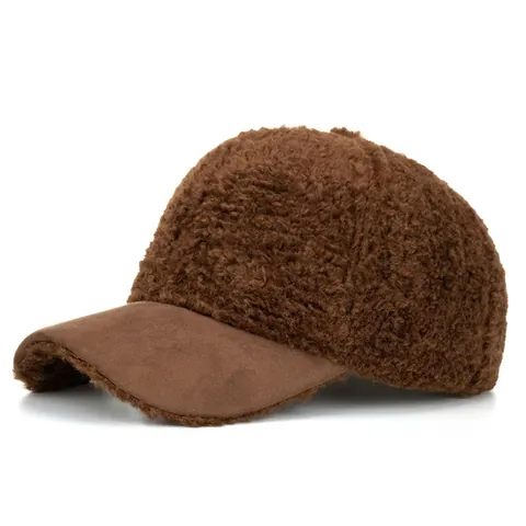 Gorra de Béisbol de Lana de Cordero Cálida de Invierno para Mujer Felpa Suave Color Sólido Ala Curva Ajustable Moda Casual