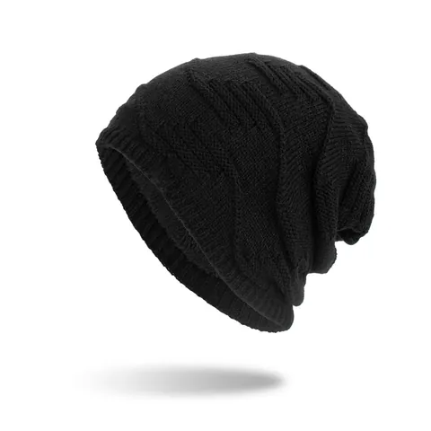 Winter Warm Knitted Beanie Hat With Green Leaf Tag Thick Acrylic Thermal Fleece Lined Wave Pattern Slouchy Skull Cap