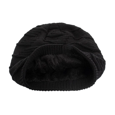 Winter Warm Knitted Beanie Hat With Green Leaf Tag Thick Acrylic Thermal Fleece Lined Wave Pattern Slouchy Skull Cap