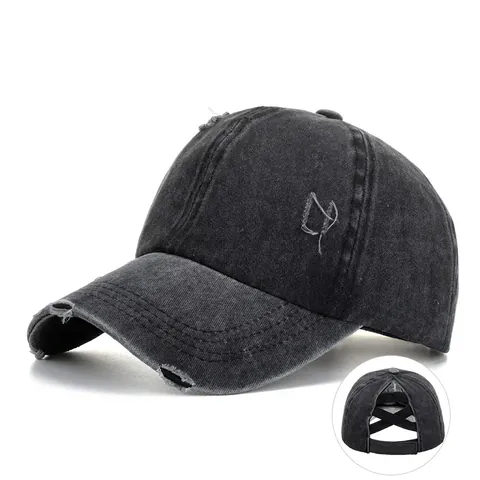Damen Gewaschene Distressed Baumwolle Baseballkappe Criss Cross Pferdeschwanz Hut Vintage Verstellbarer Outdoor Sonnenhut