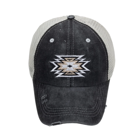 Casquette de Baseball Femme avec Trou Queue de Cheval Délavée Mesh Trucker Hat Broderie Géométrique Respirante Ajustable Été