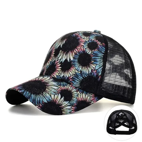 Berretto da Baseball in Rete Con Stampa a Girasole Donna Cappello Con Coda di Cavallo Incrociata Protezione Solare Traspirante