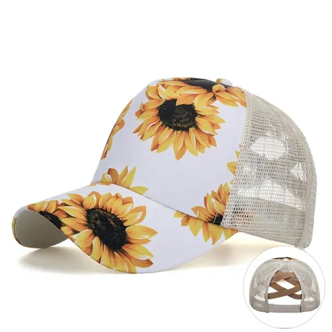 Berretto da Baseball con Stampa Girasole Donna Foro per Coda di Cavallo Cappello Trucker Traspirante Regolabile Cappello da Sole