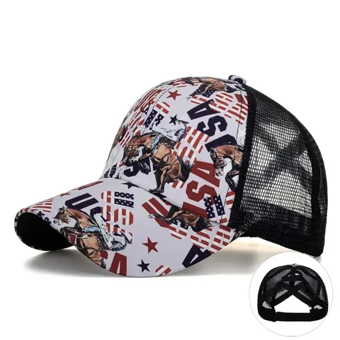 Cappellino Trucker Stile Western Stampa Bandiera USA Donna Berretto da Baseball in Rete Traspirante Con Foro per Coda di Cavallo