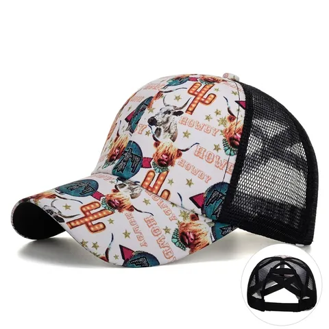 Casquette Trucker Imprimé Vache des Highlands Cactus Style Western Pour Femme Queue de Cheval Maille Respirante Solaire