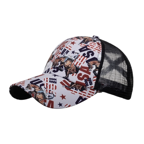 Cappellino Trucker Stile Western Stampa Bandiera USA Donna Berretto da Baseball in Rete Traspirante Con Foro per Coda di Cavallo