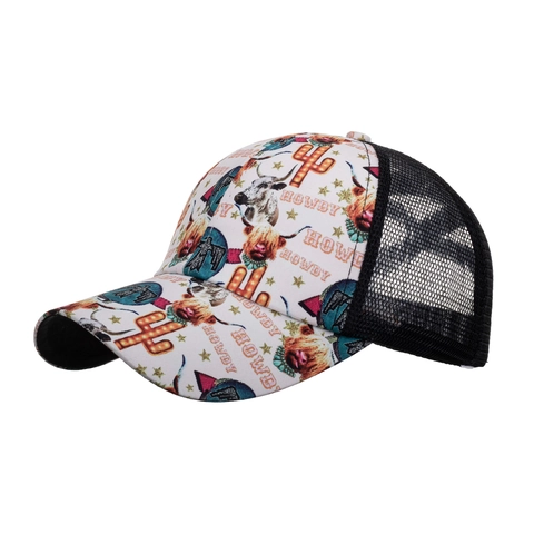 Casquette Trucker Imprimé Vache des Highlands Cactus Style Western Pour Femme Queue de Cheval Maille Respirante Solaire