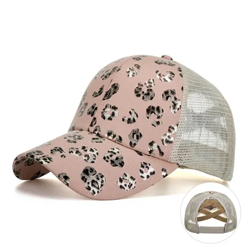 Cappellino da Baseball con Stampa Leopardata Donna Foro per Coda di Cavallo Rete Traspirante Regolabile Cappello da Sole Incrociato