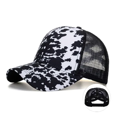 Berretto da Baseball con Coda di Cavallo Stampa Muccata Donna Cotone Rete Incrociata Trucker Traspirante Regolabile