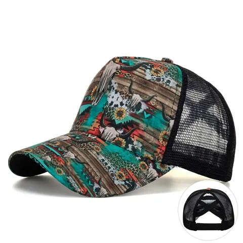 Cappello Trucker Stampa Teschio di Toro Girasole Western Boemo per Donna con Foro Coda di Cavallo Rete Traspirante Berretto Baseball Casual