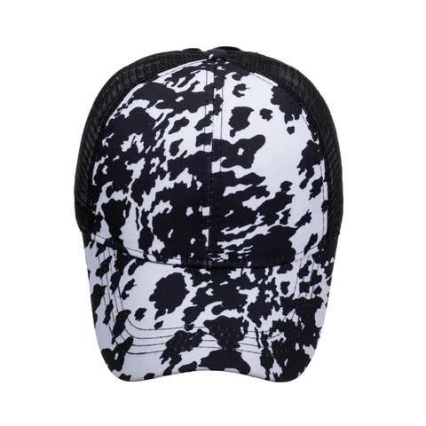 Berretto da Baseball con Coda di Cavallo Stampa Muccata Donna Cotone Rete Incrociata Trucker Traspirante Regolabile