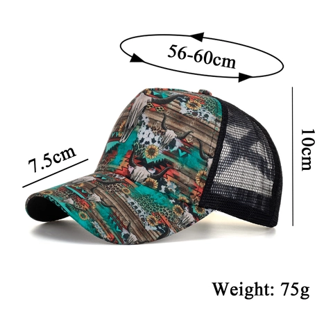 Cappello Trucker Stampa Teschio di Toro Girasole Western Boemo per Donna con Foro Coda di Cavallo Rete Traspirante Berretto Baseball Casual