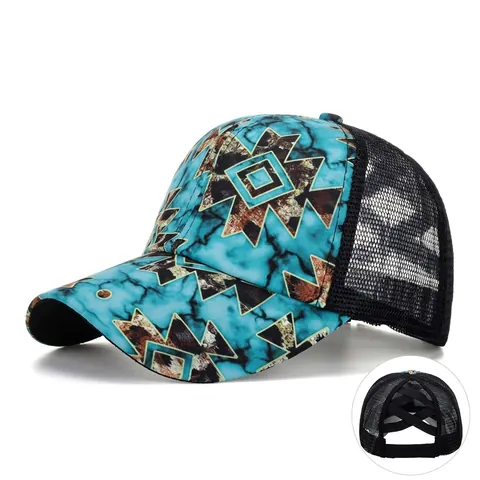 Berretto da Baseball con Coda di Cavallo per Donna Cappello Trucker con Stampa Geometrica Marmo Verde Germano Rete Traspirante